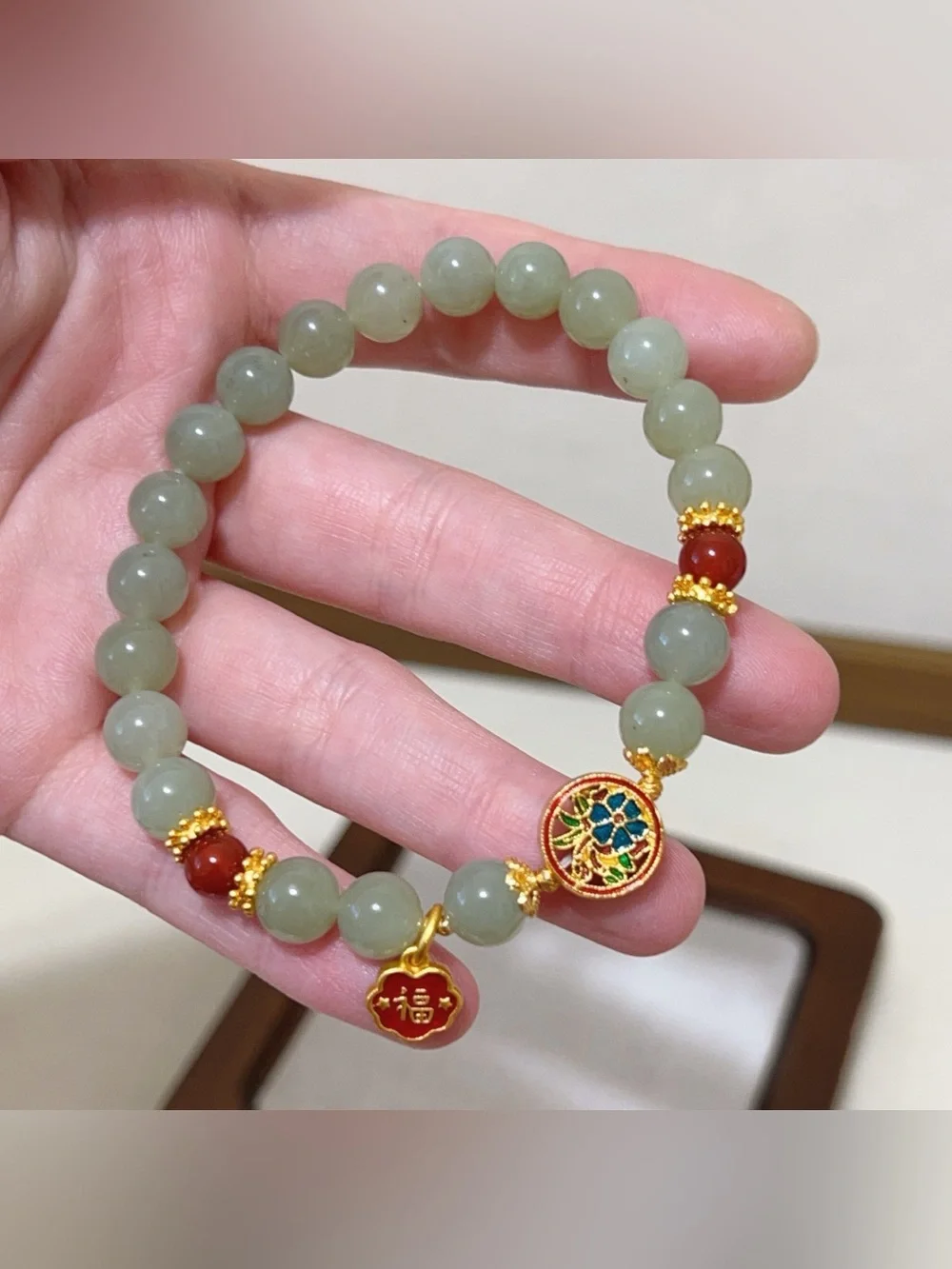 Natural Hetian Jade bead Bracelet with Double-Sided Enamel Flower Charm|Handmade
